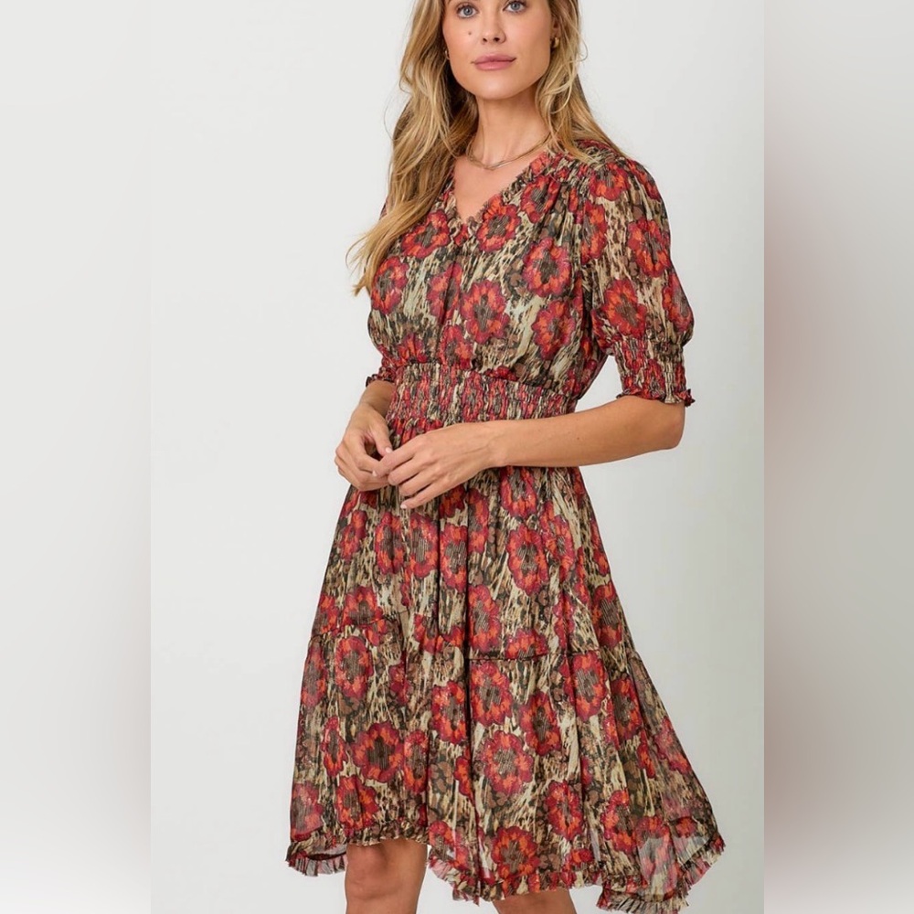 Mystree Womens Medium Red & Sage Lurex Floral Smocked Waist Boho Chic Dress NWT